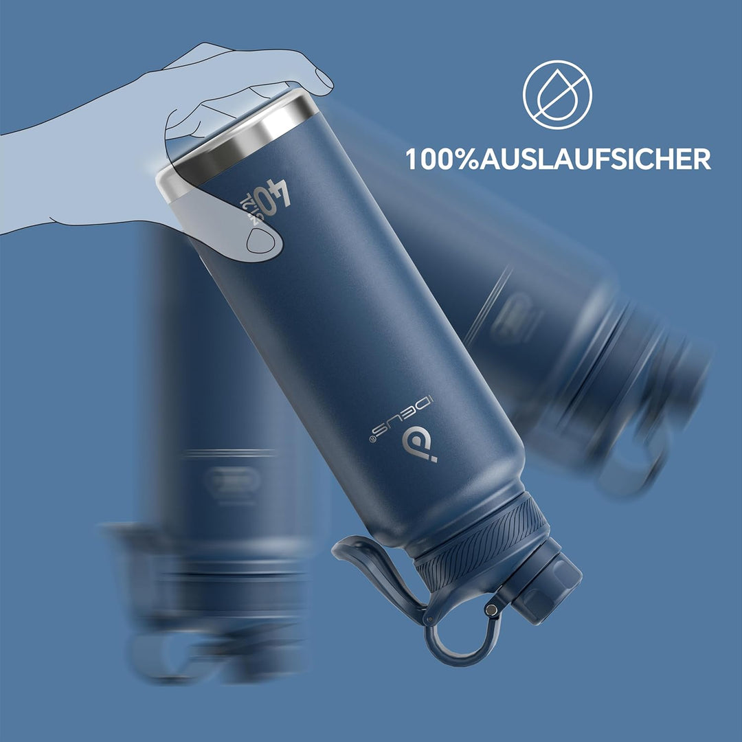 IDEUS Vakuumisolierte Wasserflasche, 40oz (1140 ml) Edelstahl Doppelwand Flasche Metall Sport Kantin