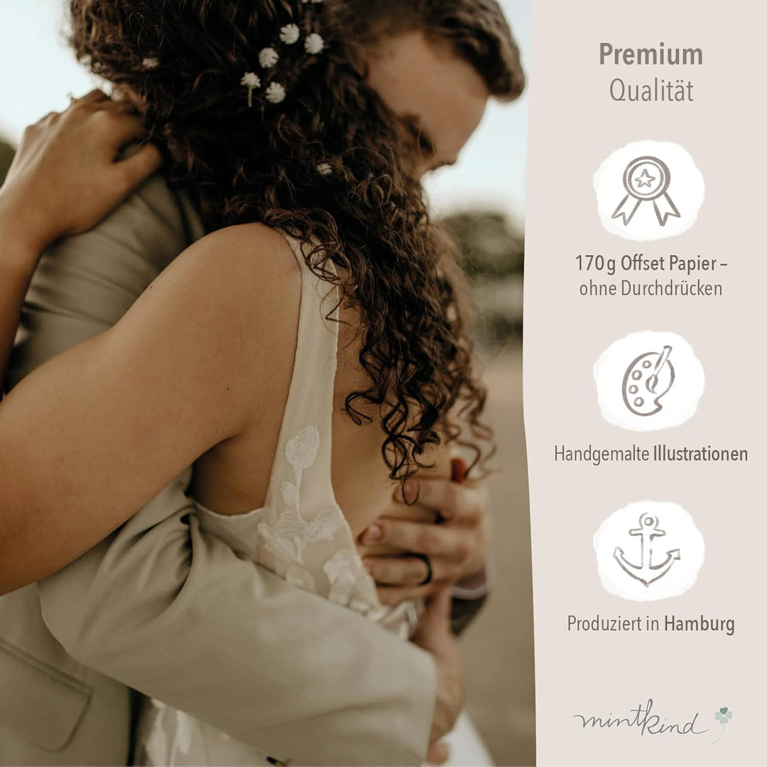 mintkind® Gästebuch Hochzeit Salbei - Hochzeitsbuch mit Fragen, 84 Seiten zum Ausfüllen &amp; Gestalten,