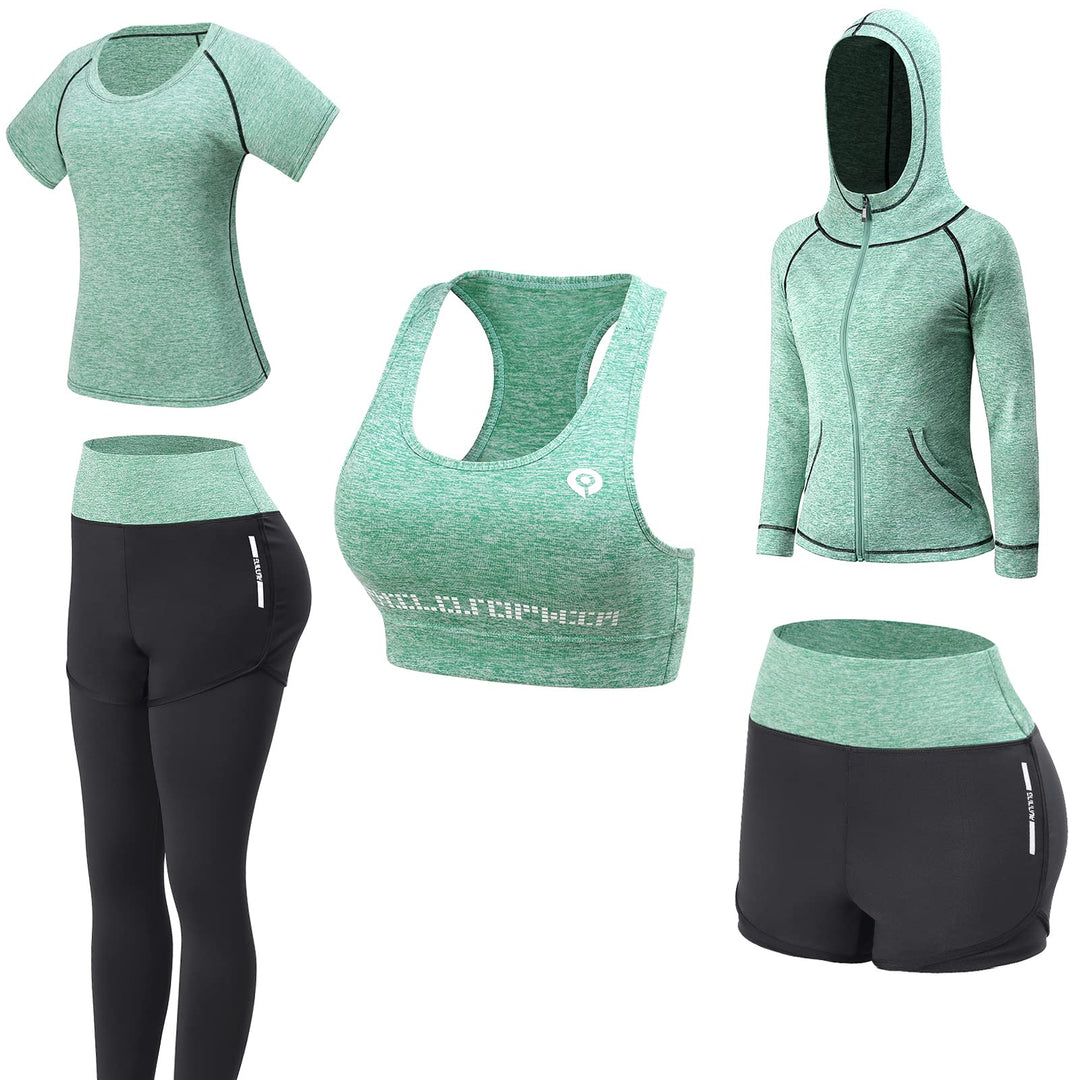 JULY'S SONG Yoga Kleidung Anzug 5er-Set Trainingsanzug Laufbekleidung Gym Fitness Kleidung XL Grün,