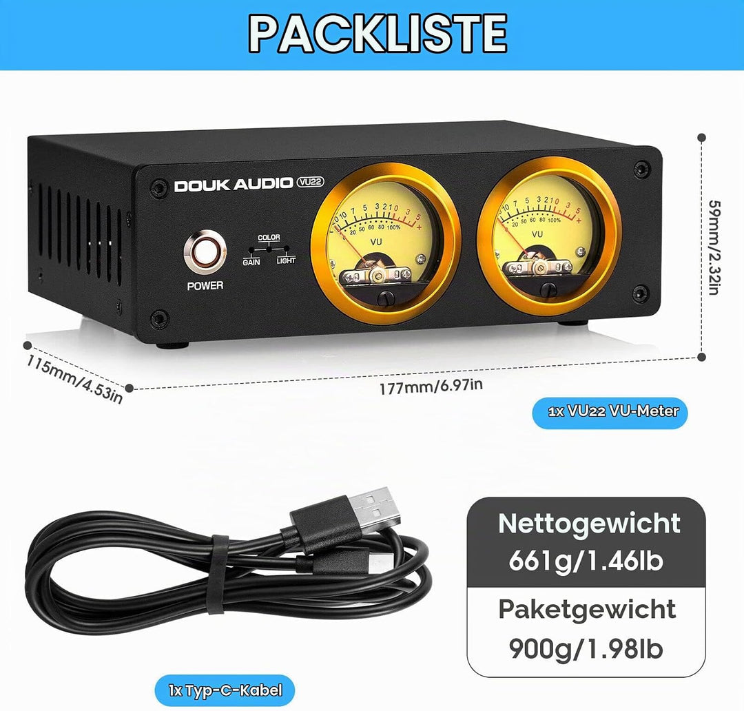 Douk Audio VU22 Duales analoges VU Meter Display DB Panel Musikspektrum MIC und LINE Schallpegelmess