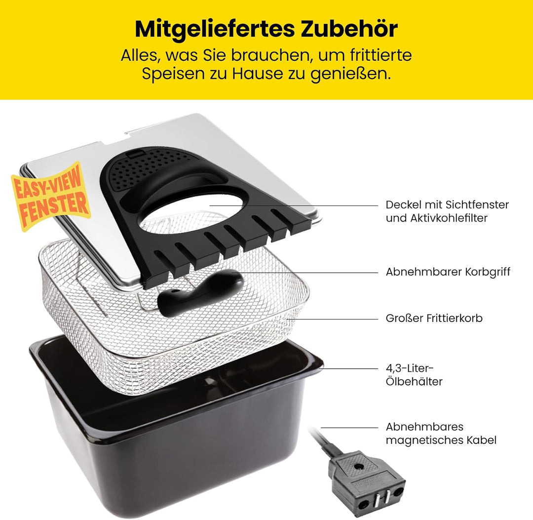 Chefman 4,3 Liter Fritteuse mit Sieb, XL Jumbo Grösse, Einstellbare Temperatur & Timer, Perfekt für