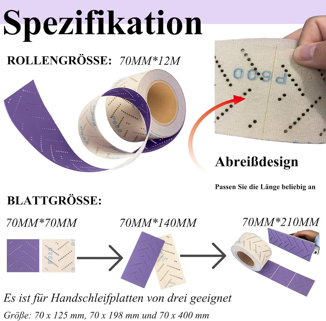 Clean Schleifpapier Rolle Purple Clean Schleifrolle 70 mm x 12 m Multi-Hole Schleifblattrolle Rechte