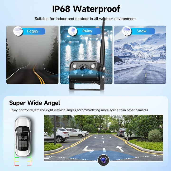 Rückfahrkamera Kabellos Kit, 1 Kamera mit 9 Zoll IPS Monitor, Rückfahrkamera mit IP68 wasserdichte,