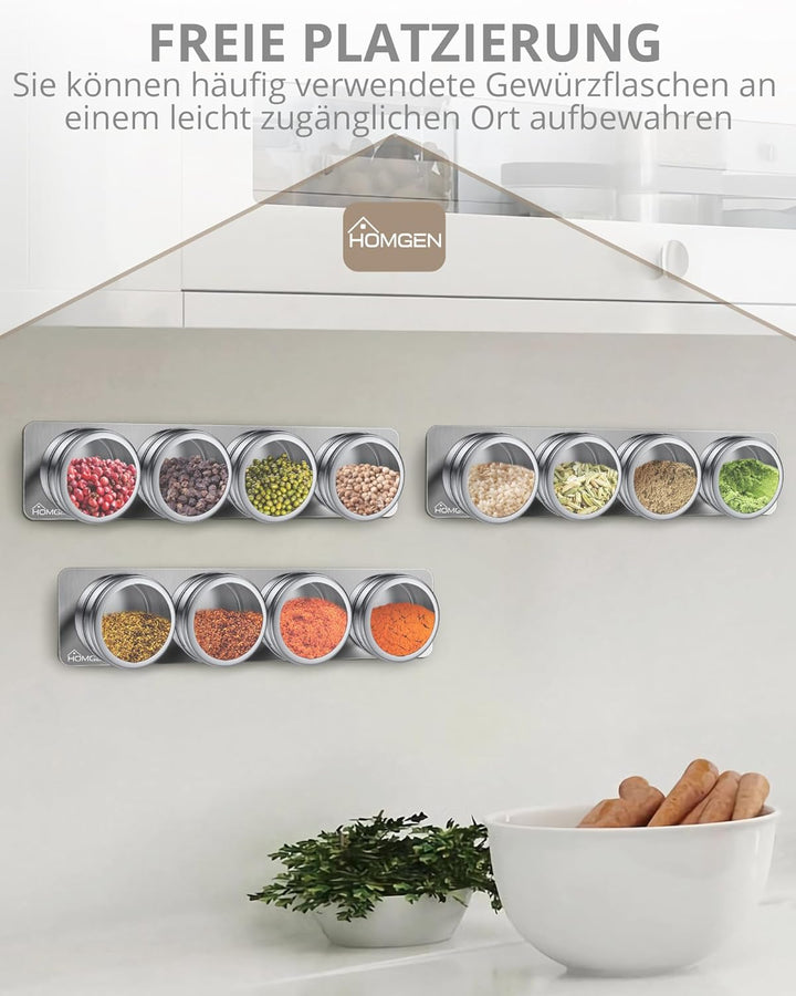 HOMGEN Gewürzdosen Magnetisch 12 Stück Edelstahl Gewürzgläser Set Magnet 100ml Gewürze Spice Jars Ma