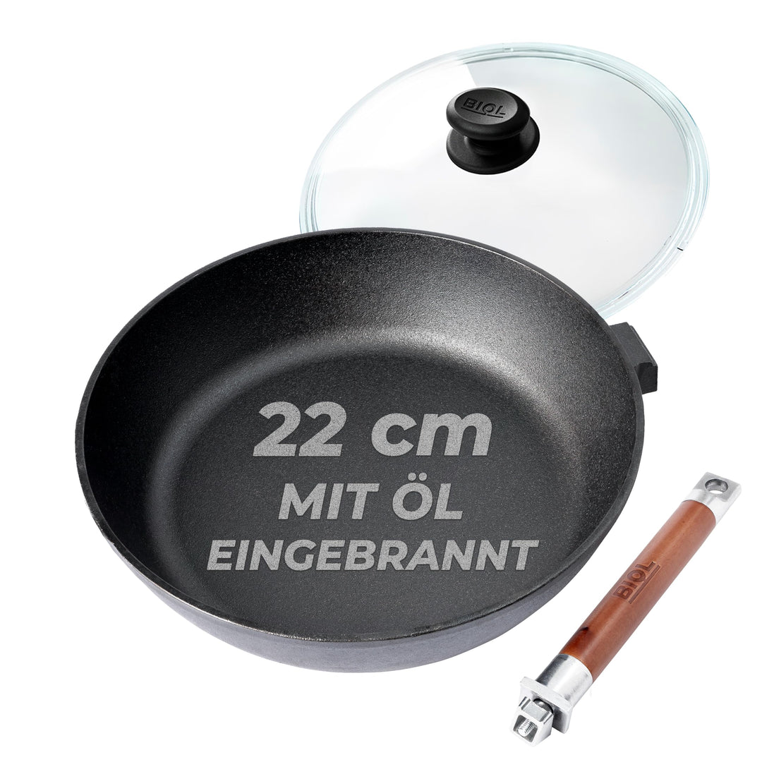 BIOL Gusseisenpfanne 22 cm mit Glasdeckel – tiefe Bratpfanne | Abnehmbarer Holzgriff, Ohne Beschicht