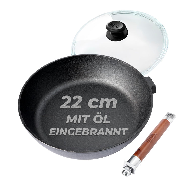 BIOL Gusseisenpfanne 22 cm mit Glasdeckel – tiefe Bratpfanne | Abnehmbarer Holzgriff, Ohne Beschicht