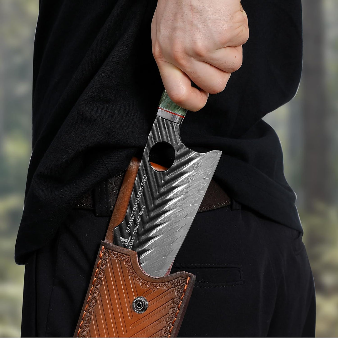 SHANGDAO Damaskus Fleischermesser Wikinger-Beil Ausbeinmesser Japanmesser mit Lederscheide, 17 cm, 6
