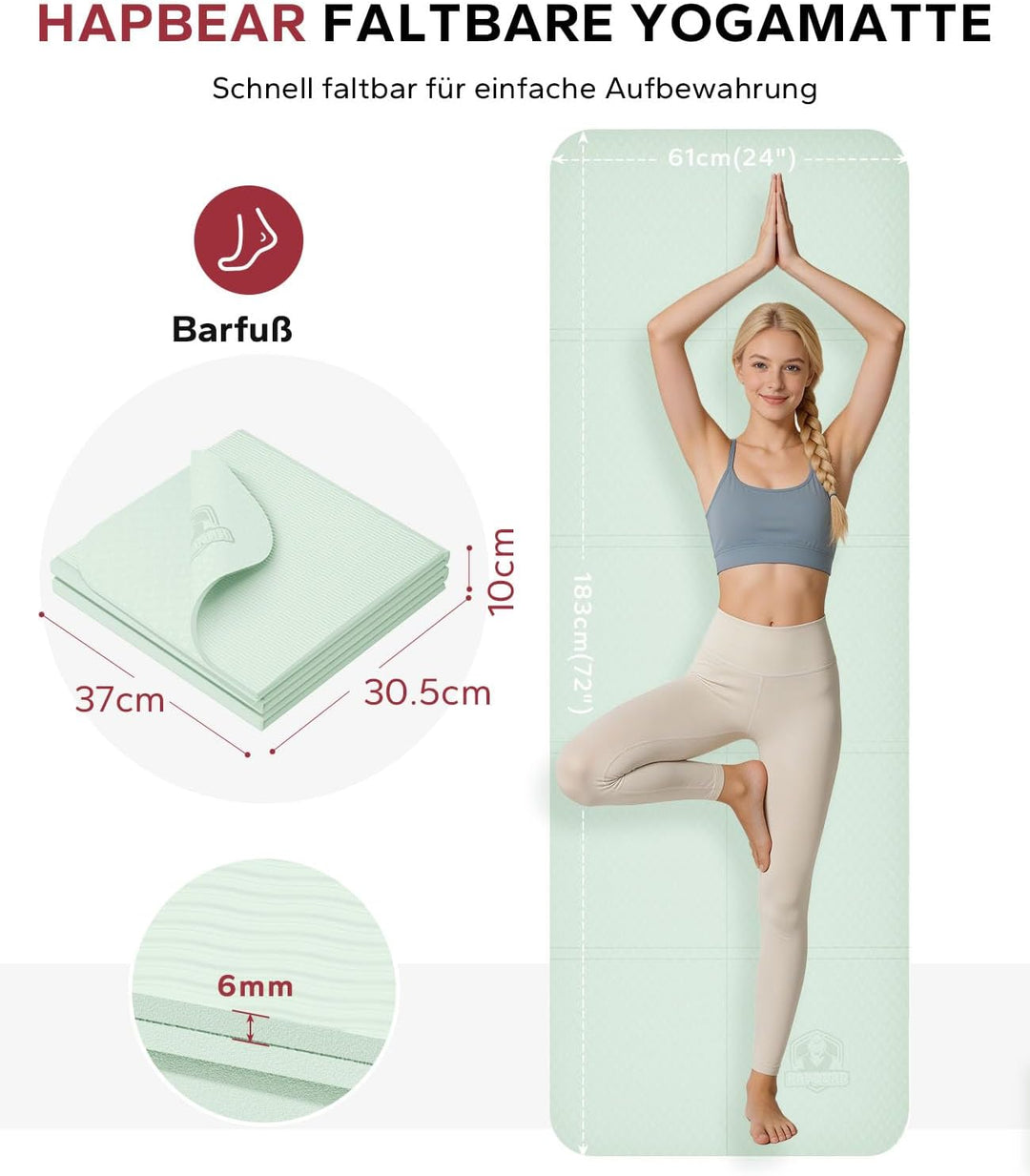 HAPBEAR Reise Yogamatte faltbar 183x61x0,6cm – rutschfeste TPE Yogamatte klappbar mit Tragetasche, l