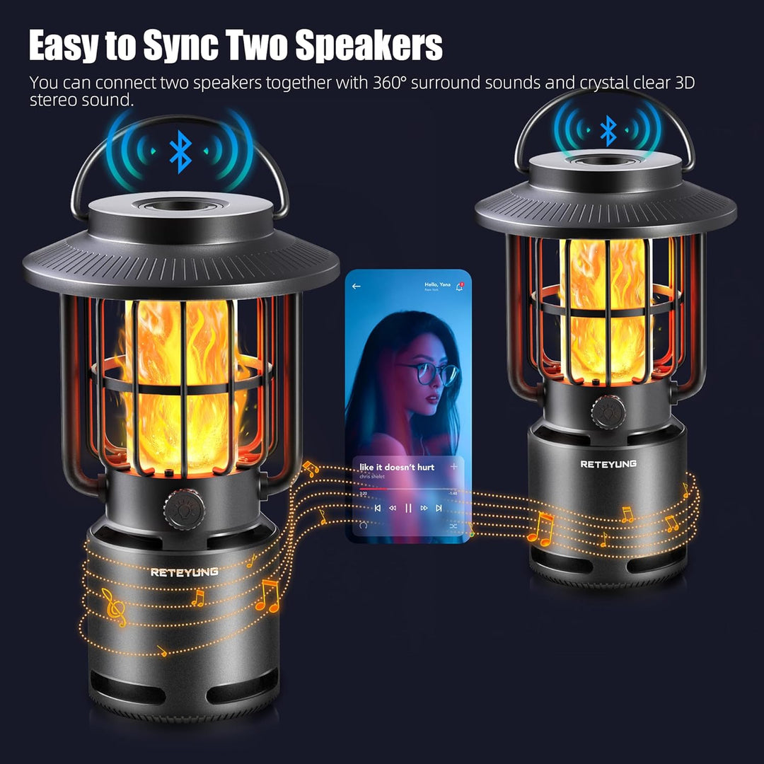 RETEYUNG Outdoor Bluetooth-Lautsprecher mit Flammenlicht,IP65 Wasserdichte Campinglampe,3 Beleuchtun