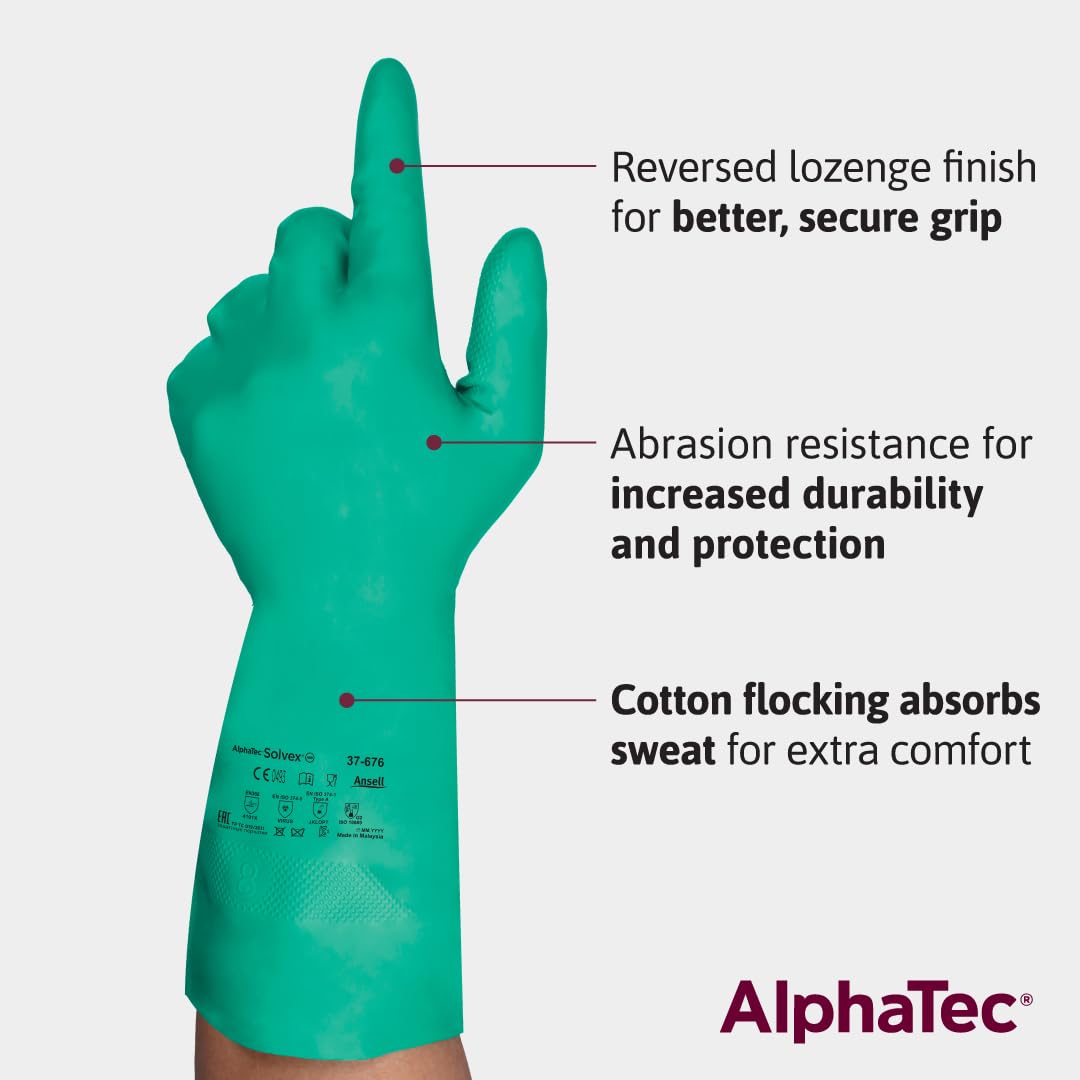 Ansell AlphaTec 37-676 Nitril-Handschuhe, Chemikalien- und Flüssigkeitsschutz, Grün, Grösse 11 (12 P