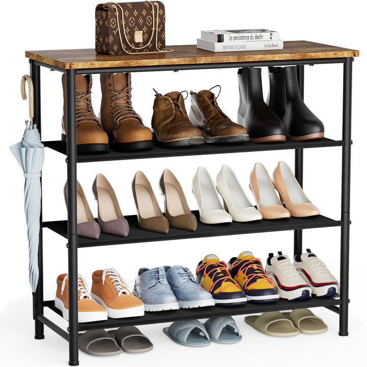 HOMIDEC Schuhregal,4-Ebenen Schuhablage mit Holzbrett als oberstes Regal,Schuhaufbewahrung für 12-16