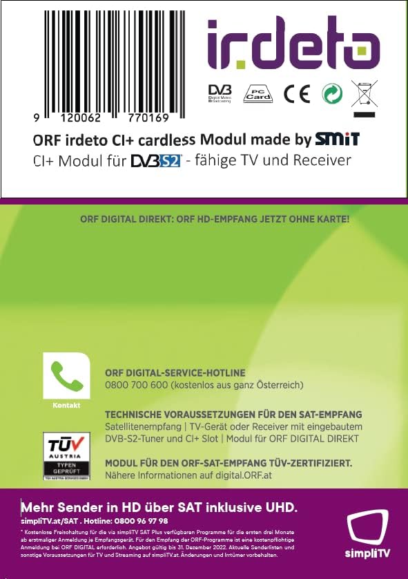 ORF DIGITAL DIREKT CI+ SAT Modul kartenlos mit integrierter Entschlüsselung für ORF und simpliTV SAT