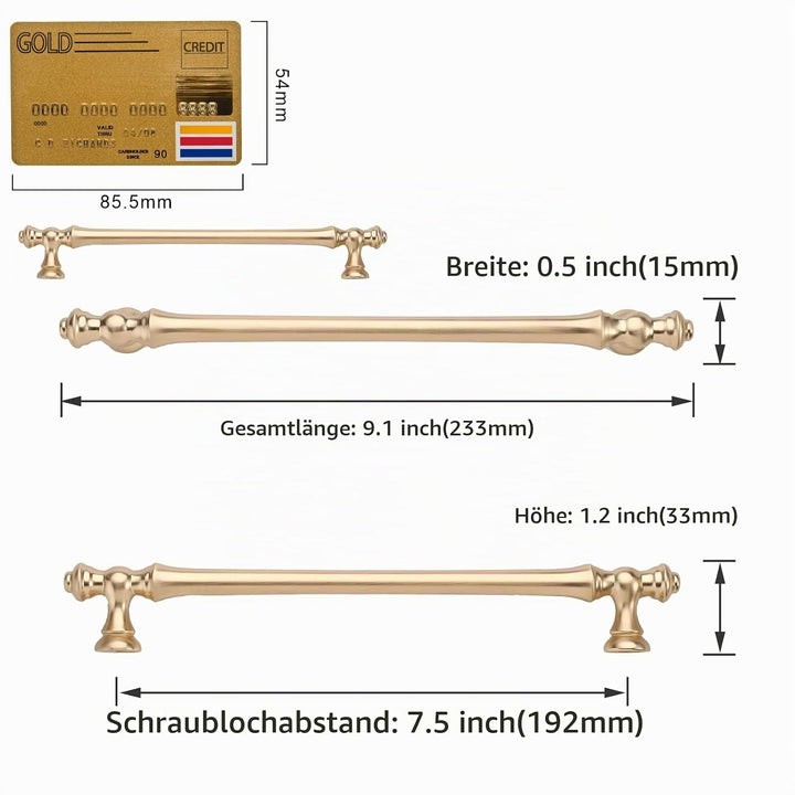 Amerdeco 10 Stück Möbelgriffe Gebürstetes Messing 192mm Lochabstand Schubladen Griffe für gold Küche