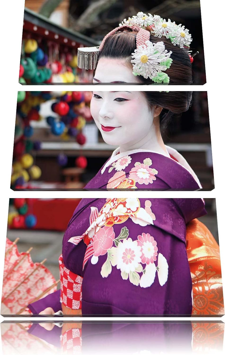 Pixxprint Anmutige Geisha mit Fächer 3-Teiler Leinwandbild 120x80 Bild auf Leinwand