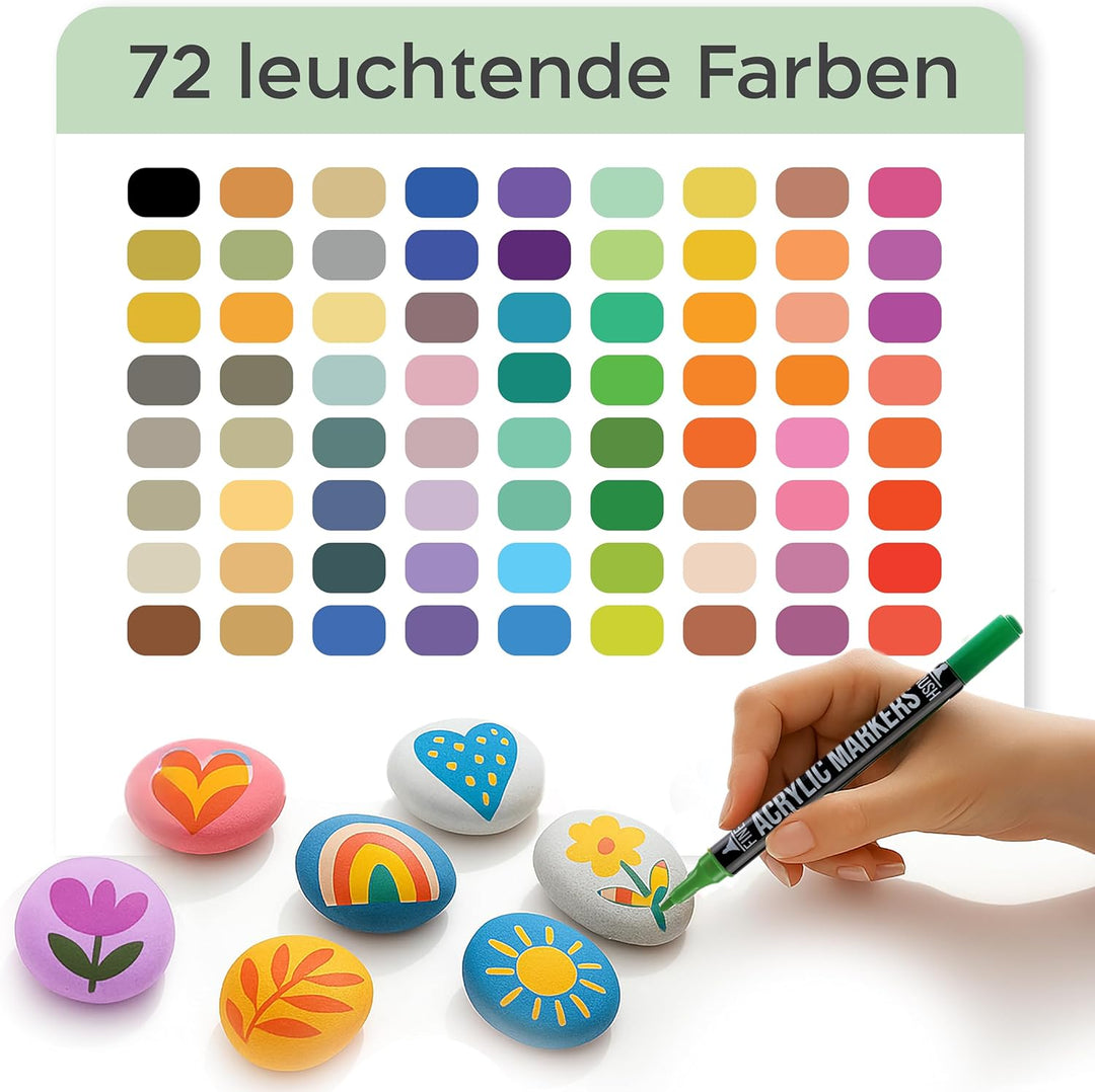 Zenacolor - 72 Farben Acrylstifte für Steine Wasserfest - mit Doppelspitze - Feine und Pinsel - Für