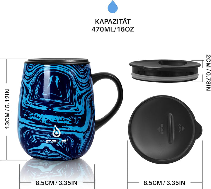 Ideus Kaffeebecher 470 ml (16 oz), doppelwandige vakuumisolierte Kaffee- und Teetasse aus Edelstahl