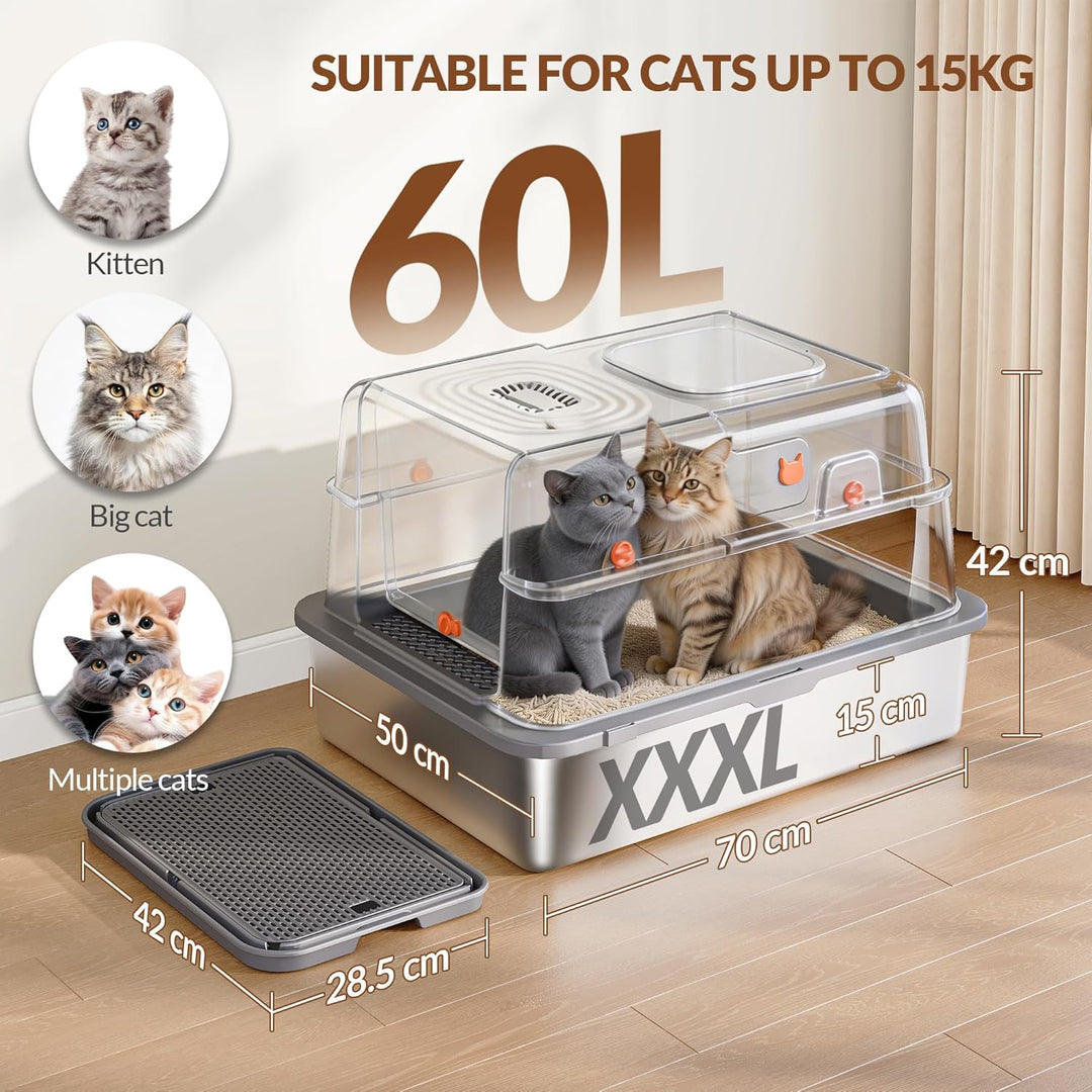 Edelstahl Katzenklo mit Deckel, XXXL Geschlossene Metall Katzentoilette, 70 x 50 x 42 cm, 105° Klapp