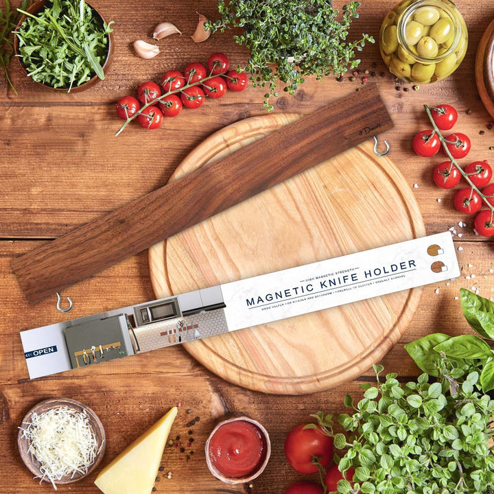 Dmore 40 cm Magnetleiste Messer mit 2 Haken, Messerhalter magnetisch aus Walnuss ohne Bohren, leistu
