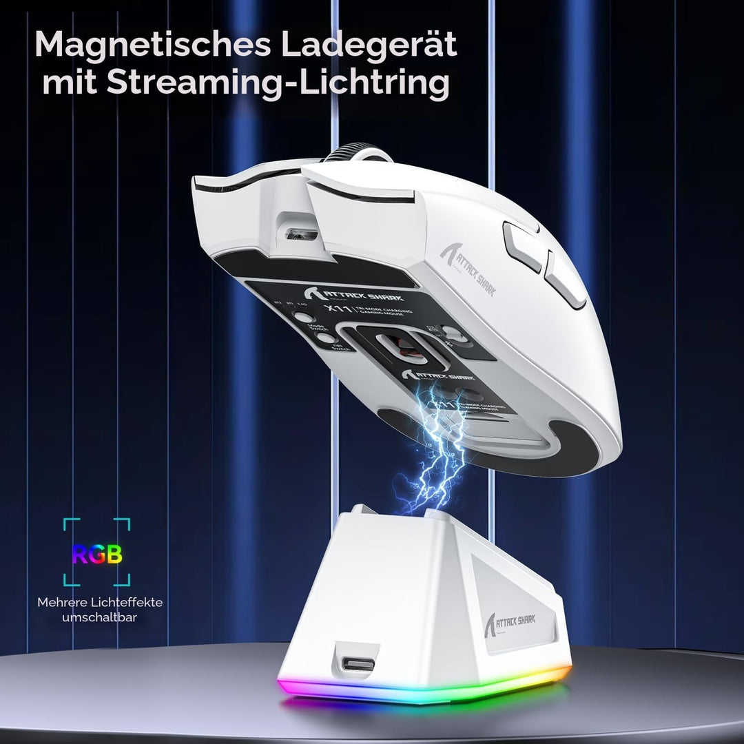 ATTACK SHARK X11 Gaming Mouse mit Magnetic Charging Dock, PixArt PAW3311 Gaming Sensor, BT/2.4G Wire