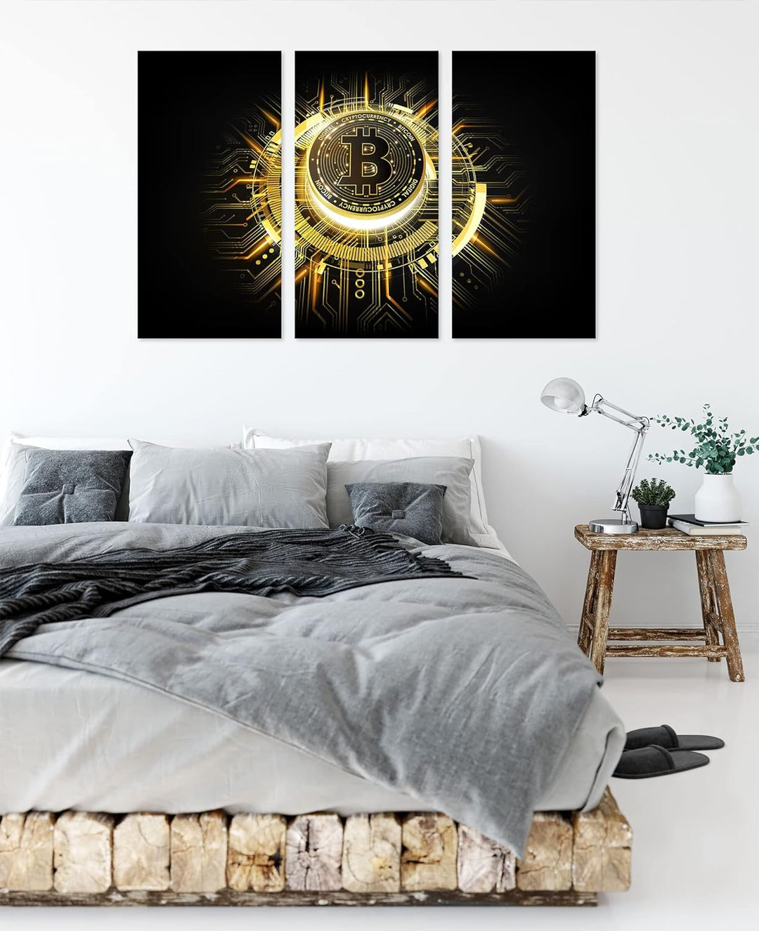 strahlender Bitcoin BTCals Leinwandbild 3 teilig | Grösse: 120x80 cm | Wandbild | Kunstdruck | ferti