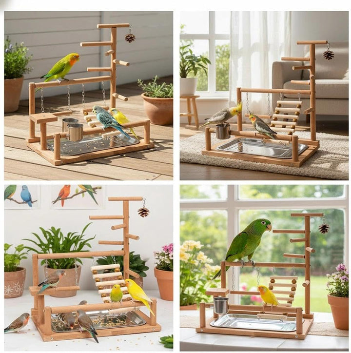 Vogelspielzeug, Wellensittich aus Holz, Wellensittich Zubehör mit Futternäpfen aus Edelstahl, Tablet