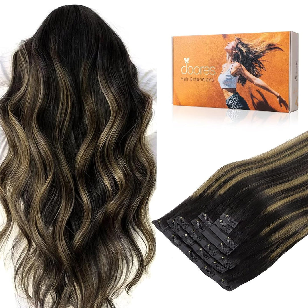 DOORES Clip in Extensions Echthaar, Balayage Natürliches Schwarz bis Chestnut Braun 35cm 14 Zoll 7 S