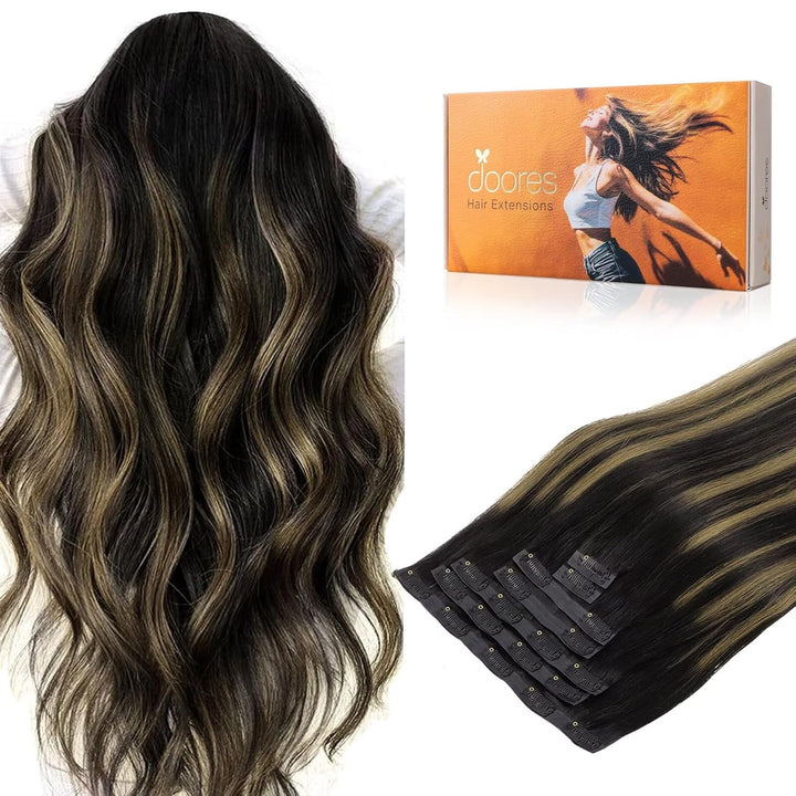 DOORES Clip in Extensions Echthaar, Balayage Natürliches Schwarz bis Chestnut Braun 35cm 14 Zoll 7 S