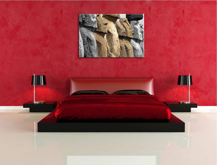 Moai Statuen Detailansicht schwarz/weiss Format: 100x70 auf Leinwand, XXL riesige Bilder fertig gera