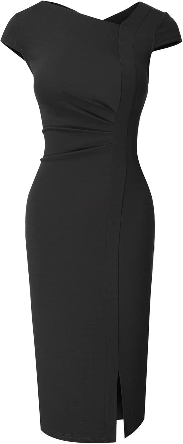 HOMEYEE Damen Vintage V-Ausschnitt Bodycon Business Bleistiftkleid mit Schlitz B700 L Schwarz, L Sch
