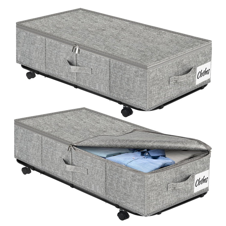 Unterbett Aufbewahrungsbox mit Rollen & 3 Griffen, 2er Set Faltbare Unterbett Kommode 50L, Faltbare