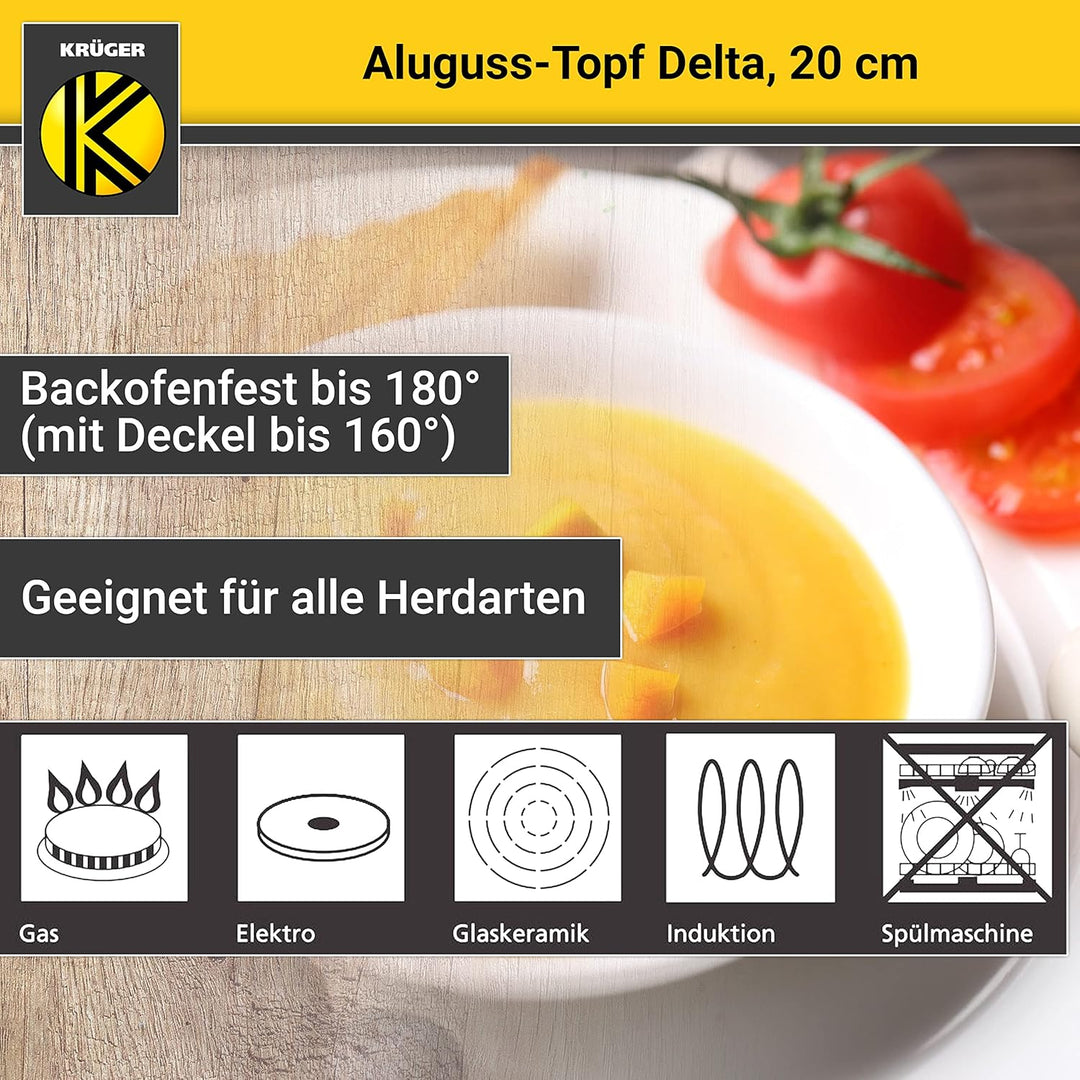 Krüger Aluguss-Topf Delta mit Glasdeckel - 20 cm - Kochtopf für gesunde & fettarme Speisen - geeigne