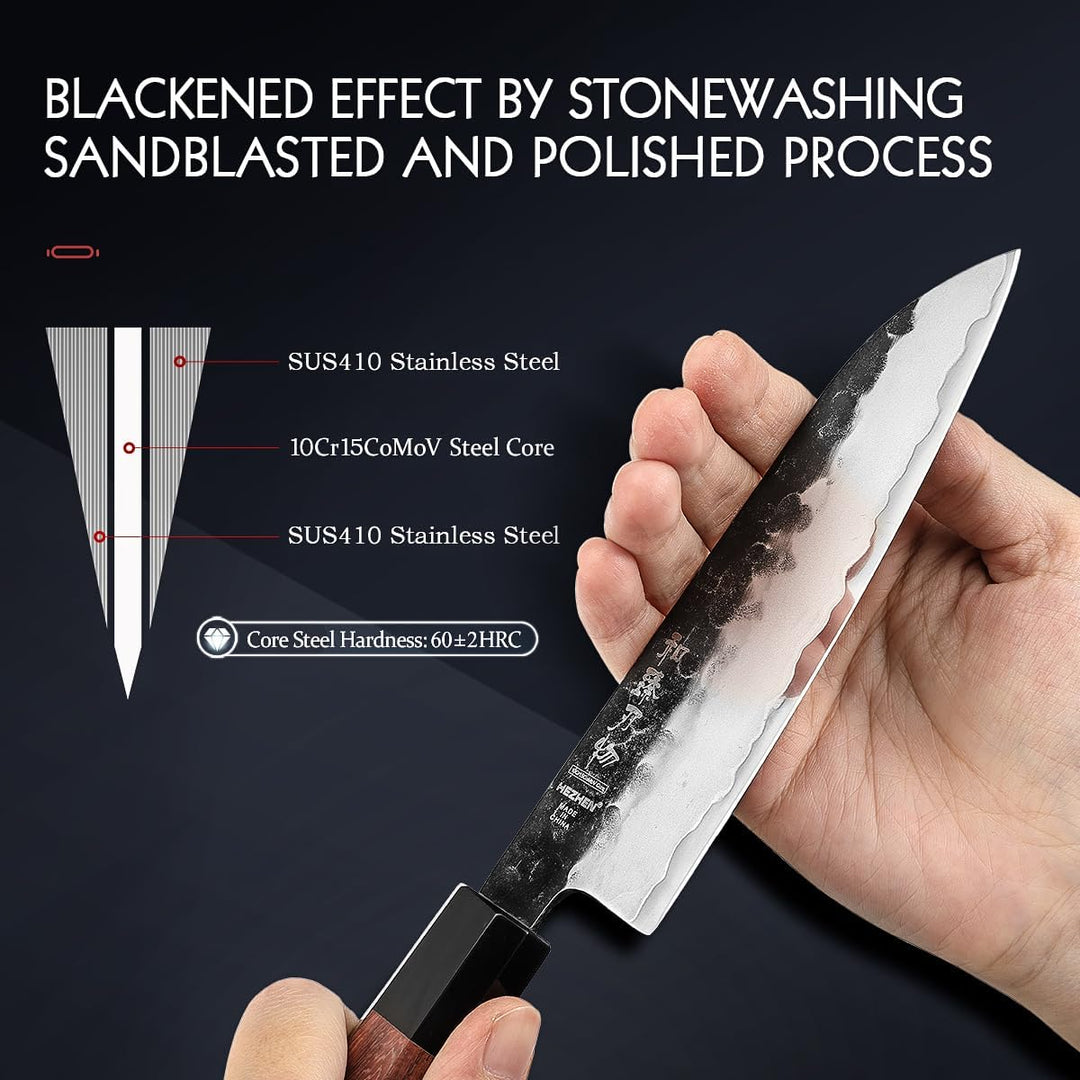 HEZHEN Kleines Santokumesser, Ultra-Scharfes Allzweck-Gyutomesser im Japanischen Stil, Achteckiger G