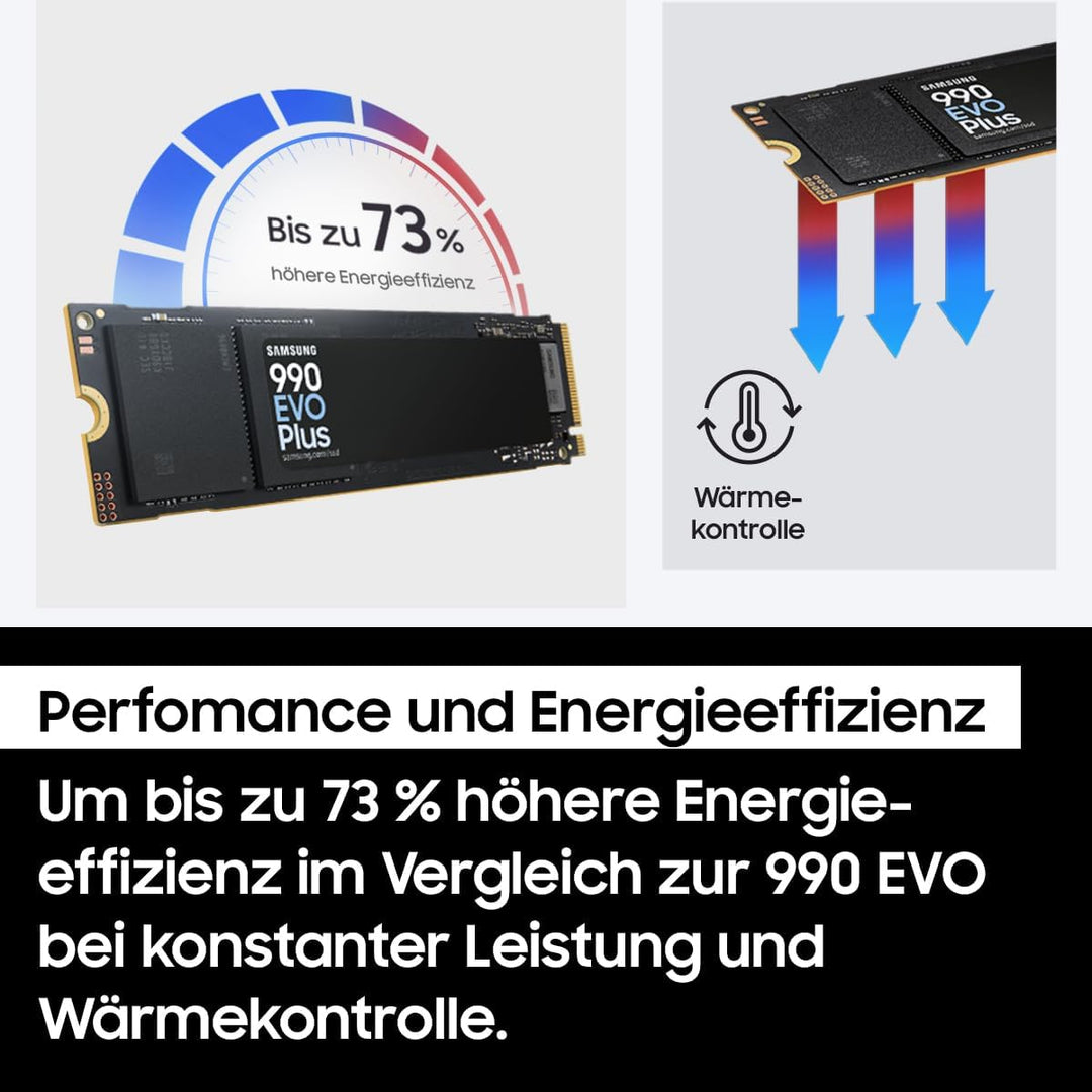 Samsung 990 EVO Plus NVMe M.2 SSD 1 TB, PCIe 4.0 x4 / PCIe 5.0 x2, NVMe 2.0 (2280), 7.150 MB/s Lesen