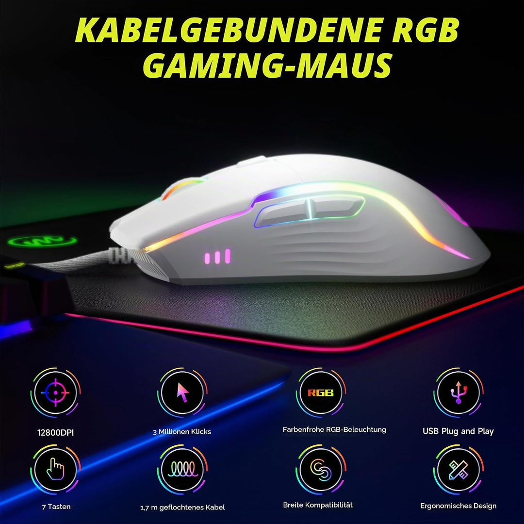 memzuoix Gaming Maus mit Kabel und LED-Lichtern – 12.800 DPI einstellbar, 6 Tasten, 12 RGB-Modi, Erg