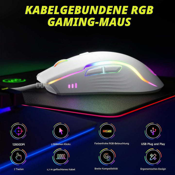 memzuoix Gaming Maus mit Kabel und LED-Lichtern – 12.800 DPI einstellbar, 6 Tasten, 12 RGB-Modi, Erg