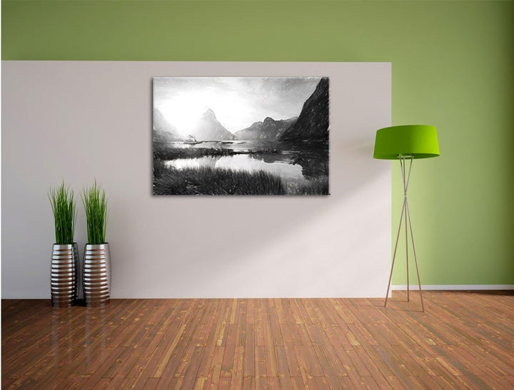 Pixxprint Milford Sound Neuseeland Kunst / 100x70cm Leinwandbild bespannt auf Holzrahmen/Wandbild Ku