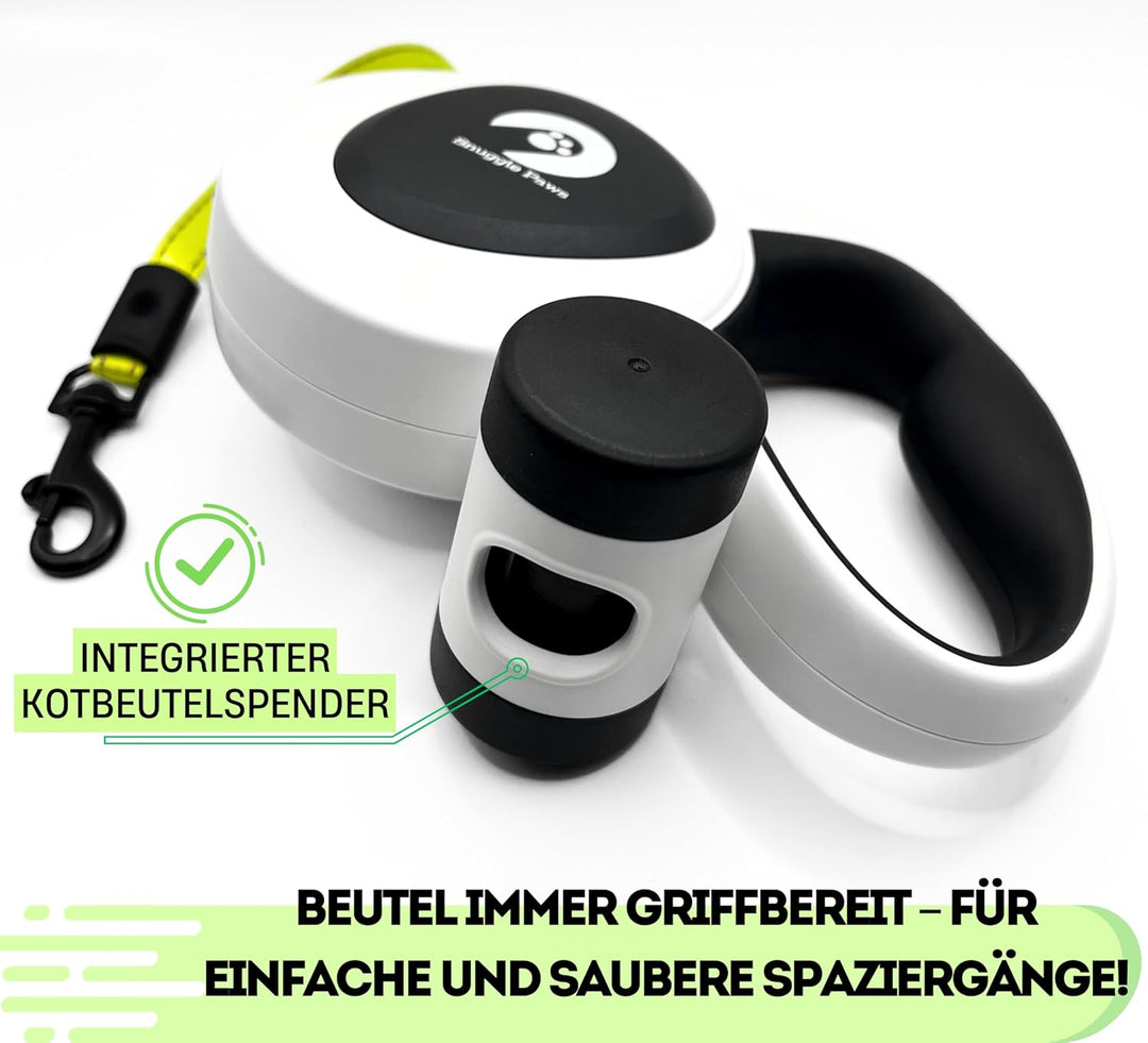 Snuggle Paws Hundeleine 5m Ausziehbar – Alles-in-Einem: Verbesserter LED-Lampe, Kotbeutelspender, An