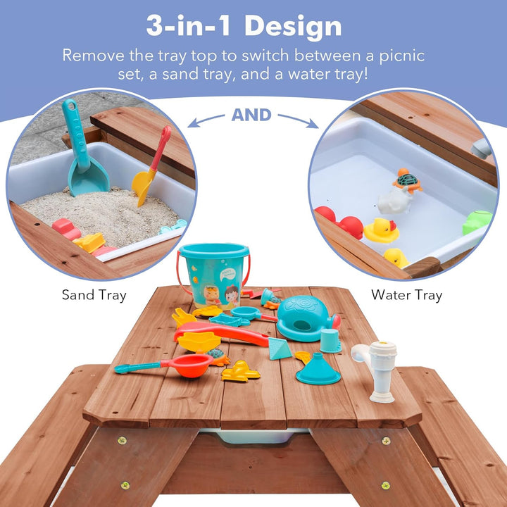 Kids 3-in-1 Sand- und Wasser-Aktivitätstisch, Holz, Outdoor, wandelbarer Picknicktisch mit Regenschi