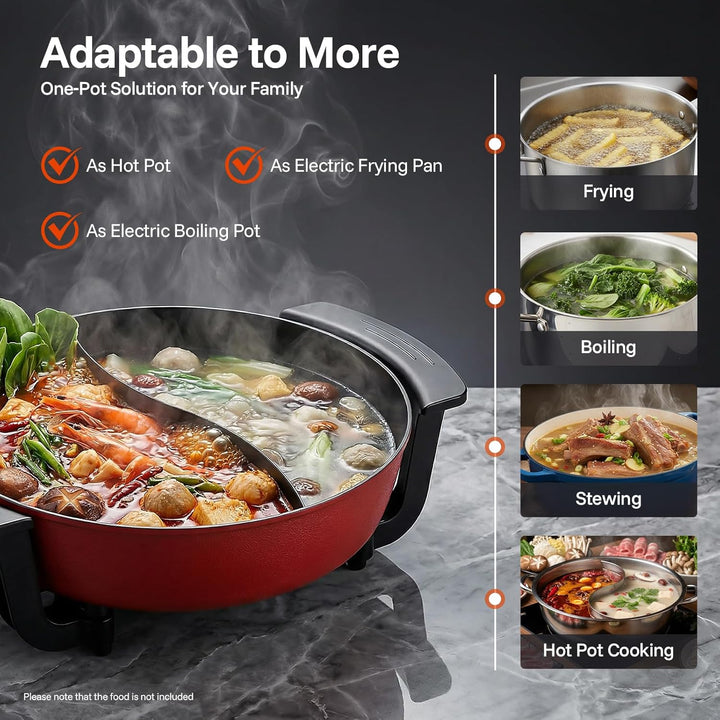 Elektrischer Hot Pot 6 L mit Trennwand, 1360 W und Glasdeckel | Antihaftbeschichteter Aluminiumtopf