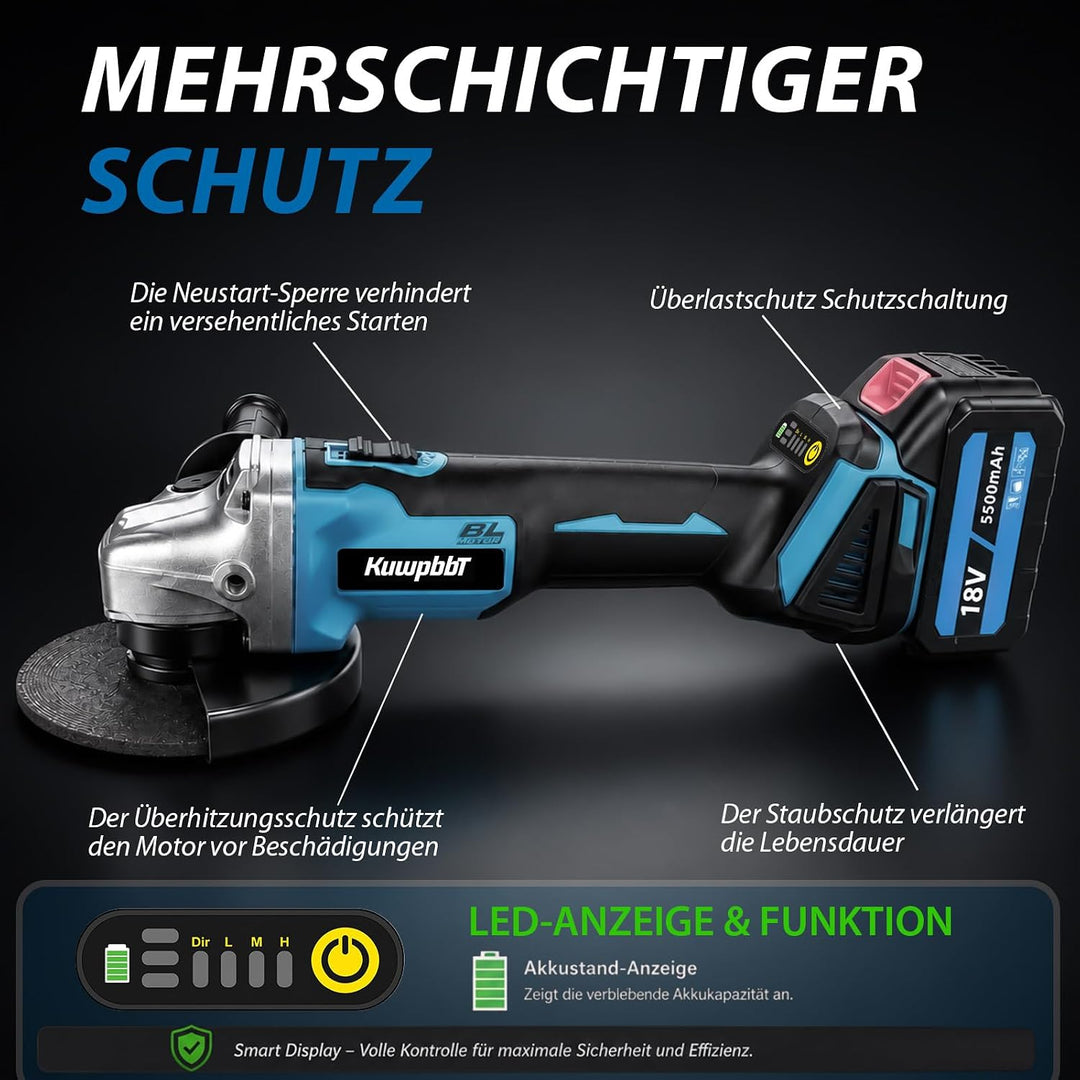 Akku Winkelschleifer Kabellos,Kompatibel mit Makita Akku 18V, Ersatz DGA504Z,Neues Upgrade mit 2× 5.