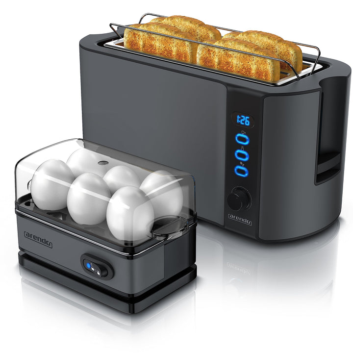 Arendo - SET Eierkocher SIXCOOK mit Toaster FRUKOST Edelstahl Cool Grey, Toaster 4 Scheiben, LED-Dis