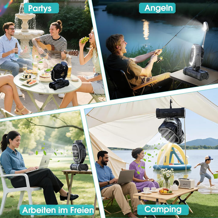 Camping Ventilator 20000mAh, Wiederaufladbarer Tischventilator USB Ventilator mit LED Licht & Haken,