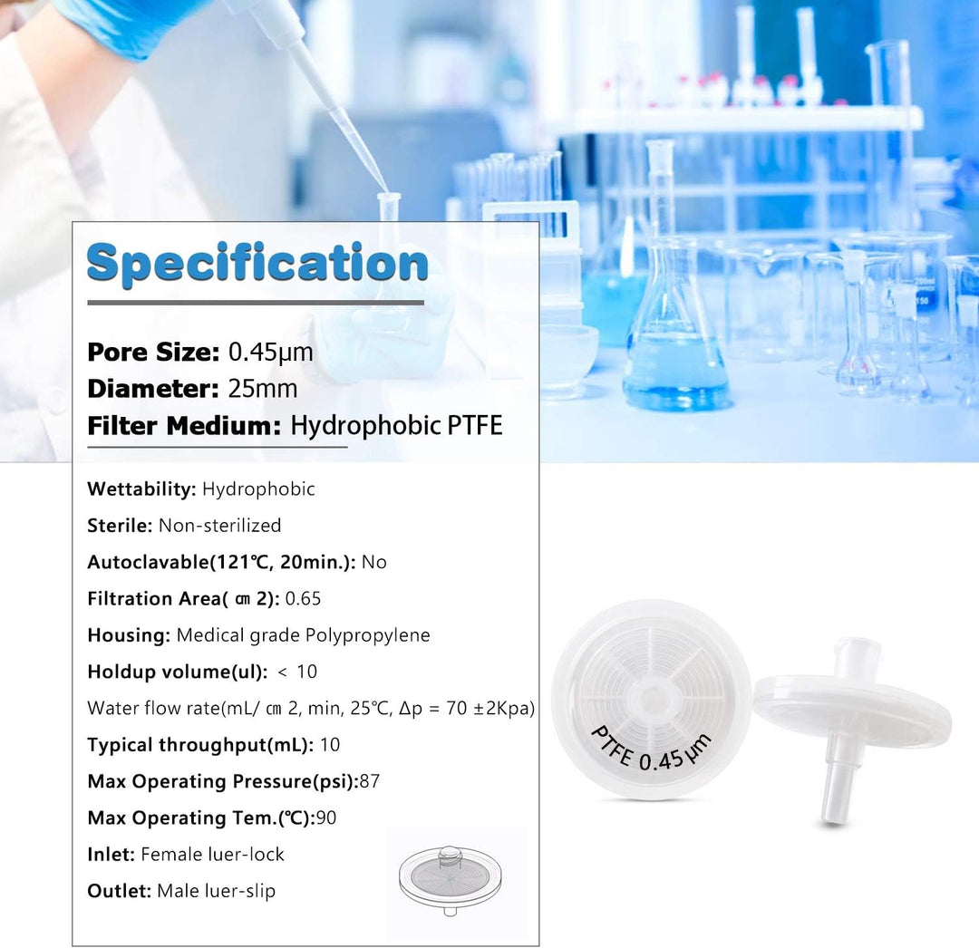 Hydrophober PTFE Spritzenfilter, 25 mm, 100 Stück, PTFE-25mm-0.45μm, PTFE-25 mm-0,45 µm., PTFE-25mm-