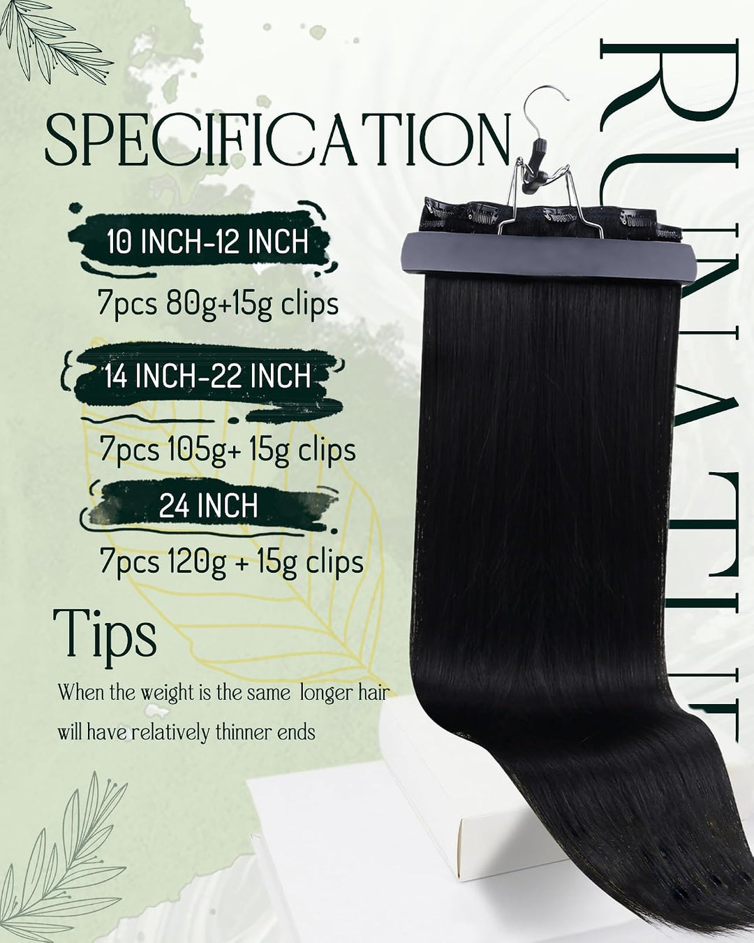 RUNATURE Schwarze Clip in Extensions Echthaar 45cm 7Pcs Echthaar Extensions Clip Glatt Clip Extensio