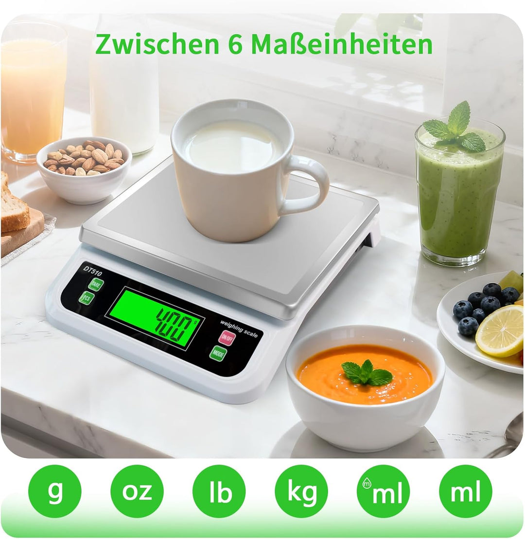 Grosser Edelstahl Küchenwaage 40kg/1g Digitalwaage mit 6 Masseinheiten und LCD Display Küchenwaage m