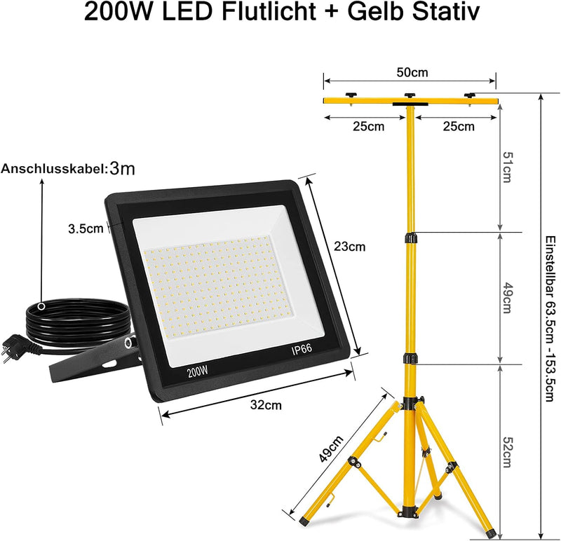 AufuN LED Baustrahler 2x 200W mit Stativ Doppel Strahler Kaltweiss LED Fluter Floodlight inkl. 3M Ka