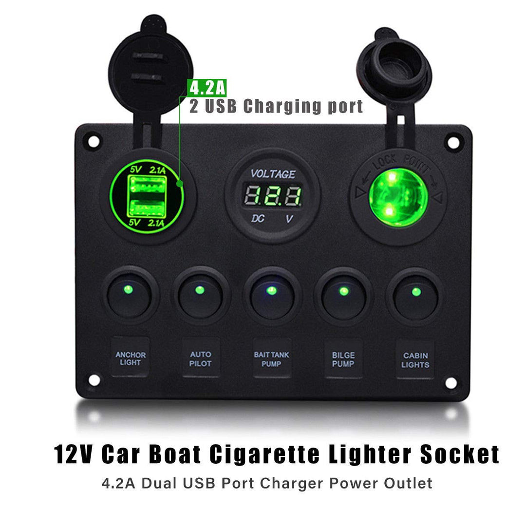 Boot Multi-Funktions-Panel - 5 Gang ON-Off Kippschalter Panel, Dual-USB-Buchse Ladegerät 2.1A & 2.1A