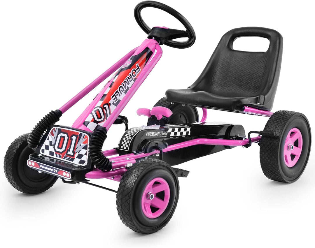 GOPLUS Gokart ab 3-8 Jahre, Kinderfahrzeug mit Verstellbarem Sitz, Tretauto aus Gummireifen, Flexibl