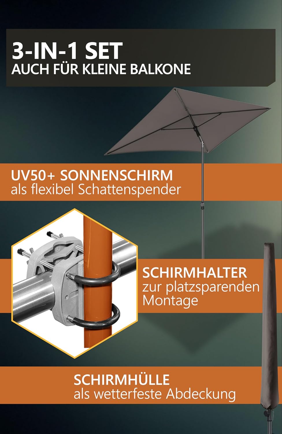 4smile Sonnenschirm Balkon SunnyShade Plus, Sonnnenschutz Balkon SET 3-in-1, Anthrazit - UV50+ Sonne