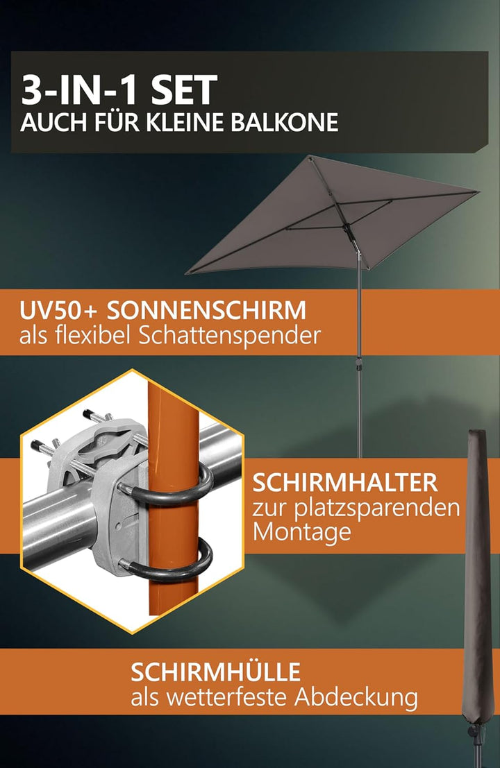 4smile Sonnenschirm Balkon SunnyShade Plus, Sonnnenschutz Balkon SET 3-in-1, Anthrazit - UV50+ Sonne